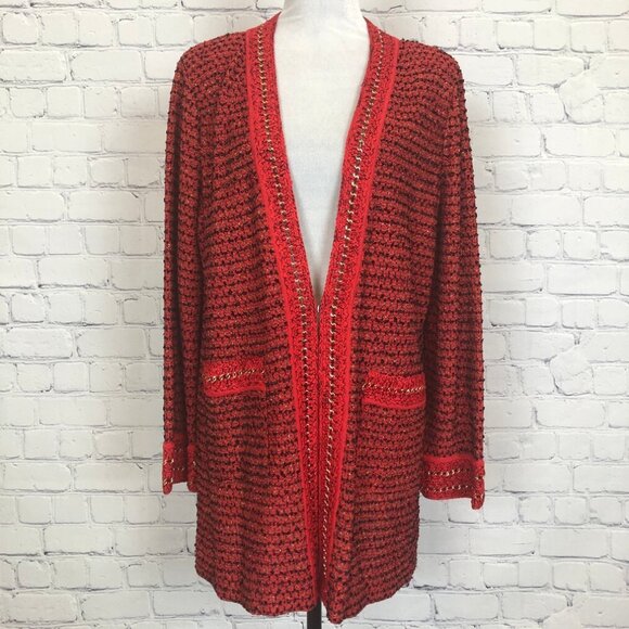 NWT Misook Red Boucle Chain Detail Cardigan Sweater Size L - Picture 1 of 7